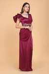 Amit GT_Maroon Georgette, Satin V Neck Pre-draped Saree With Ruffle Blouse _Online_at_Aza_Fashions