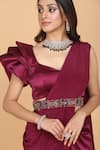 Buy_Amit GT_Maroon Georgette, Satin V Neck Pre-draped Saree With Ruffle Blouse _Online_at_Aza_Fashions