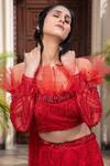Shop Amit GT Red Tulle One Shoulder Draped Blouse And Lehenga Set Online at Aza Fashions Shop_Amit GT_Red Tulle One Shoulder Draped Blouse And Lehenga Set _Online_at_Aza_Fashions