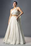 Buy_Isha Gupta Tayal_White Silk And Chiffon Embroidered Leaf Motifs One Lehenga & Draped Blouse Set _at_Aza_Fashions