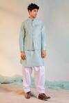 Charkhee_Green Chanderi Sequin Striped Nehru Jacket_Online_at_Aza_Fashions