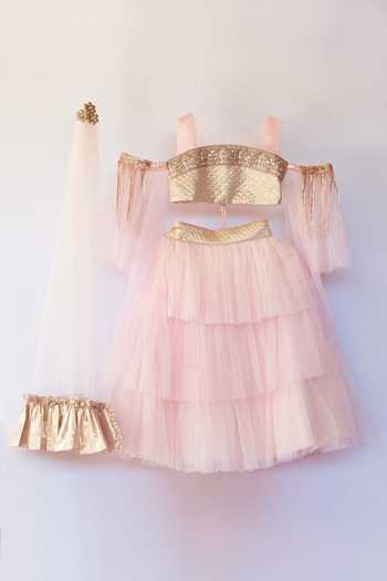 Buy_Pinkcow designs pvt ltd_Peach Net, Lace Embroidery, Pom-poms Layered Lehenga Set _at_Aza_Fashions