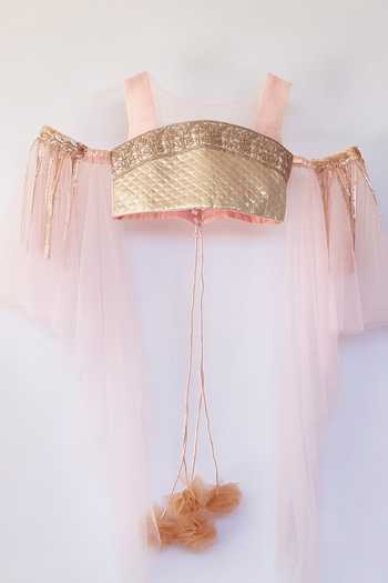Shop_Pinkcow designs pvt ltd_Peach Net, Lace Embroidery, Pom-poms Layered Lehenga Set _at_Aza_Fashions