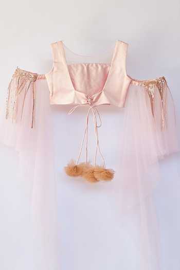 Pinkcow designs pvt ltd_Peach Net, Lace Embroidery, Pom-poms Layered Lehenga Set _Online_at_Aza_Fashions