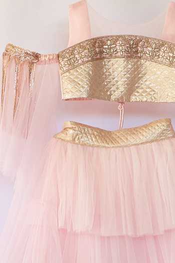 Shop_Pinkcow designs pvt ltd_Peach Net, Lace Embroidery, Pom-poms Layered Lehenga Set _Online_at_Aza_Fashions