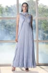 Buy_ISHA GUPTA TAYAL_Purple Silk And Chiffon Cords High Neck Gown With Draped Cape _at_Aza_Fashions