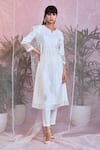 Buy_Charkhee_White Kurta Chanderi Lining 100% Cotton Embroidered Sequin Notched Set _at_Aza_Fashions