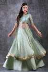 Shop_Archana Kochhar_Green Net Embroidered Gold Coin Round Anarkali And Lehenga Set _at_Aza_Fashions