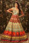 Shop_Archana Kochhar_Multi Color Raw Silk Elephant Motifs Illusion Neck Taj Mahal Print Anarkali _at_Aza_Fashions