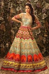 Buy_Archana Kochhar_Multi Color Raw Silk Elephant Motifs Illusion Neck Taj Mahal Print Anarkali _at_Aza_Fashions
