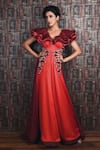 Buy_Archana Kochhar_Red Satin Georgette Embroidered Floral Motifs V Neck Ruffle Gown _at_Aza_Fashions