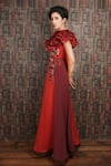 Archana Kochhar_Red Satin Georgette Embroidered Floral Motifs V Neck Ruffle Gown _Online_at_Aza_Fashions