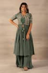 Buy_Anupraas By Nishant And Rahul_Green Crepe Round Embroidered Jacket And Palazzo Set _at_Aza_Fashions