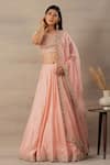 Buy_Anupraas By Nishant And Rahul_Peach Organza, Spun Munga Leaf Neck Zardozi Embroidered Lehenga Set _at_Aza_Fashions