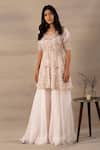 Buy_Anupraas By Nishant And Rahul_Pink Organza V Neck Kurta And Palazzo Set _at_Aza_Fashions