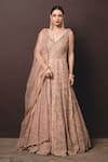 Buy_Nitika Gujral_Beige Gown Georgette Dupatta Tulle Embroidery V Neck Anarkali With _at_Aza_Fashions