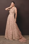 Nitika Gujral_Beige Gown Georgette Dupatta Tulle Embroidery V Neck Anarkali With _Online_at_Aza_Fashions