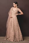 Buy_Nitika Gujral_Beige Gown Georgette Dupatta Tulle Embroidery V Neck Anarkali With _Online_at_Aza_Fashions