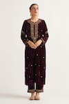 Buy_Anantaa by Roohi_Purple Velvet Embroidery Notched Kurta _at_Aza_Fashions