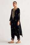 Buy_Anantaa by Roohi_Black Velvet Embroidery Notched Kurta _at_Aza_Fashions