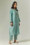 Anantaa By Roohi_Blue Silk Chanderi Floral Notched Kurta _Online_at_Aza_Fashions