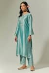 Shop_Anantaa By Roohi_Blue Silk Chanderi Floral Notched Kurta _Online_at_Aza_Fashions