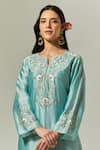 Anantaa By Roohi_Blue Silk Chanderi Floral Notched Kurta _at_Aza_Fashions