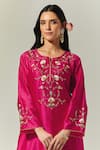 Anantaa by Roohi_Fuchsia Silk Chanderi Embroidered Floral Notched Kurta _at_Aza_Fashions