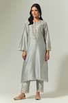 Buy_Anantaa By Roohi_Grey Silk Chanderi Floral Notched Embroidered Kurta _at_Aza_Fashions