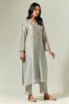 Anantaa By Roohi_Grey Silk Chanderi Floral Notched Embroidered Kurta _Online_at_Aza_Fashions