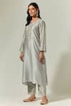 Shop_Anantaa By Roohi_Grey Silk Chanderi Floral Notched Embroidered Kurta _Online_at_Aza_Fashions