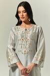 Anantaa By Roohi_Grey Silk Chanderi Floral Notched Embroidered Kurta _at_Aza_Fashions