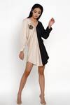 Buy_Angry Owl_Beige Modal V Neck Colorblock Dress _at_Aza_Fashions