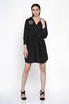 Buy_Angry Owl_Black Bamboo Cotton Embroidery Collared Neck Tie Up Dress _at_Aza_Fashions
