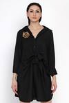 Buy_Angry Owl_Black Bamboo Cotton Embroidery Collared Neck Tie Up Dress _Online_at_Aza_Fashions