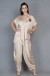 Buy_Angry Owl_Beige Modal Embroidery V Neck Asymmetric Top And Dhoti Pant Set _at_Aza_Fashions