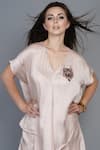 Shop_Angry Owl_Pink Modal Embroidery V Neck Asymmetric Top And Dhoti Pant Set _Online_at_Aza_Fashions