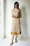 Buy_Shorshe Clothing_Beige Handloom Striped Tissue V Neck Woven Kurta And Pant Set _at_Aza_Fashions