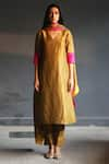 Shop_Shorshe Clothing_Gold Handloom Tissue Embroidery V Neck Kurta And Pant Set _at_Aza_Fashions