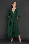 Buy_Angry Owl_Green Modal Embellished Owl Motif V Neck Pleated Asymmetric Dress _at_Aza_Fashions
