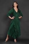 Angry Owl_Green Modal Embellished Owl Motif V Neck Pleated Asymmetric Dress _Online_at_Aza_Fashions