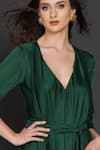 Shop_Angry Owl_Green Modal Embellished Owl Motif V Neck Pleated Asymmetric Dress _Online_at_Aza_Fashions