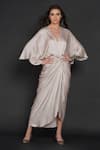 Angry Owl_White Modal Owl Motif V Neck Kimono Sleeve Pleated Dress _Online_at_Aza_Fashions