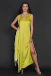 Buy_Angry Owl_Green Modal Owl Motif V Neck Pleated Draped Dress _at_Aza_Fashions