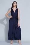Buy_Angry Owl_Blue Modal Embellished Owl Motif V Neck Front Braided Dress _at_Aza_Fashions