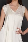 Angry Owl_White Modal Owl Motif V Neck Pleated Draped Dress _at_Aza_Fashions