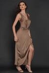 Angry Owl_Beige Modal Owl Motif Halter Neck Front Braided Dress _Online_at_Aza_Fashions