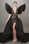 Buy_Anjum Qureshi_Black Net Embroidery Abstract Deep V Neck Short Dress With Trail _at_Aza_Fashions