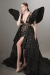 Anjum Qureshi_Black Net Embroidery Abstract Deep V Neck Short Dress With Trail _Online_at_Aza_Fashions