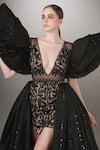 Buy_Anjum Qureshi_Black Net Embroidery Abstract Deep V Neck Short Dress With Trail _Online_at_Aza_Fashions